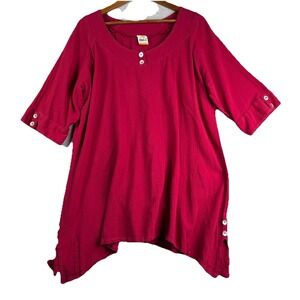 Abaca 1 Tunic Top Women's S/M Red Assymetrical Hem Crinkle Cotton Lagenlook